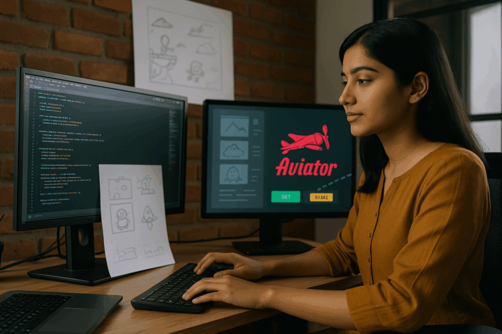 Anna Itkar at PC, coding a game — सपनों की उड़ान in progress.