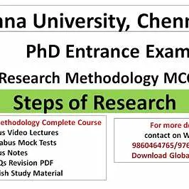 Poster for Anna University PhD Entrance Exam highlighting steps of research methodology for doctoral scholars.