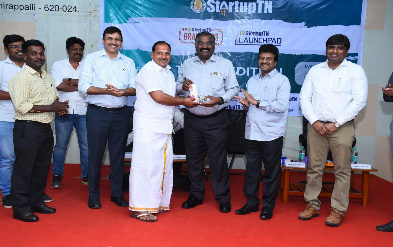 Anna University startup incubation event with faculty and entrepreneurs during a StartupTN Launchpad program in Trichy.