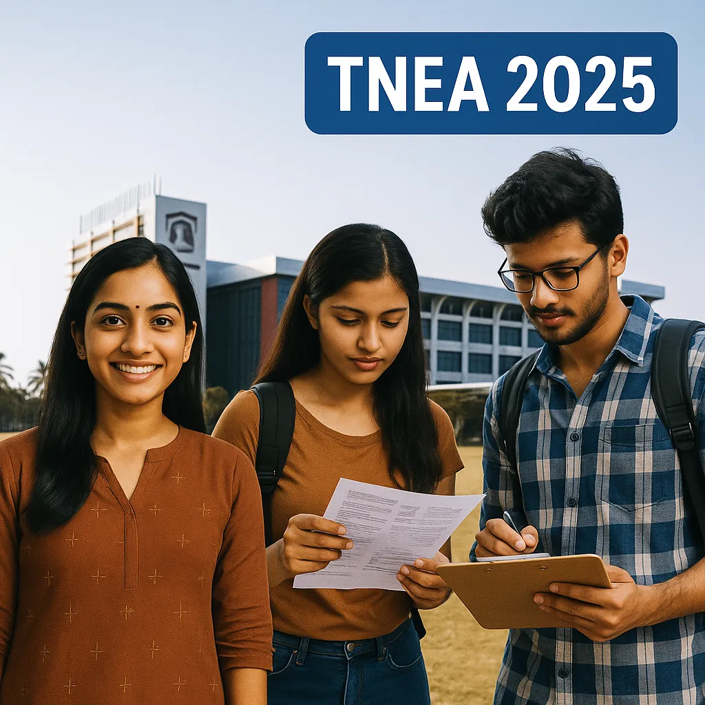 Three Indian students on a university campus during the TNEA 2025 admission process—one smiling confidently, another reviewing documents, and a third taking notes on a clipboard, with a modern college building in the background.