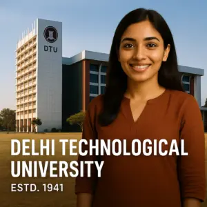 Smiling student standing in front of Delhi Technological University campus building with the DTU emblem, highlighting its establishment in 1941.