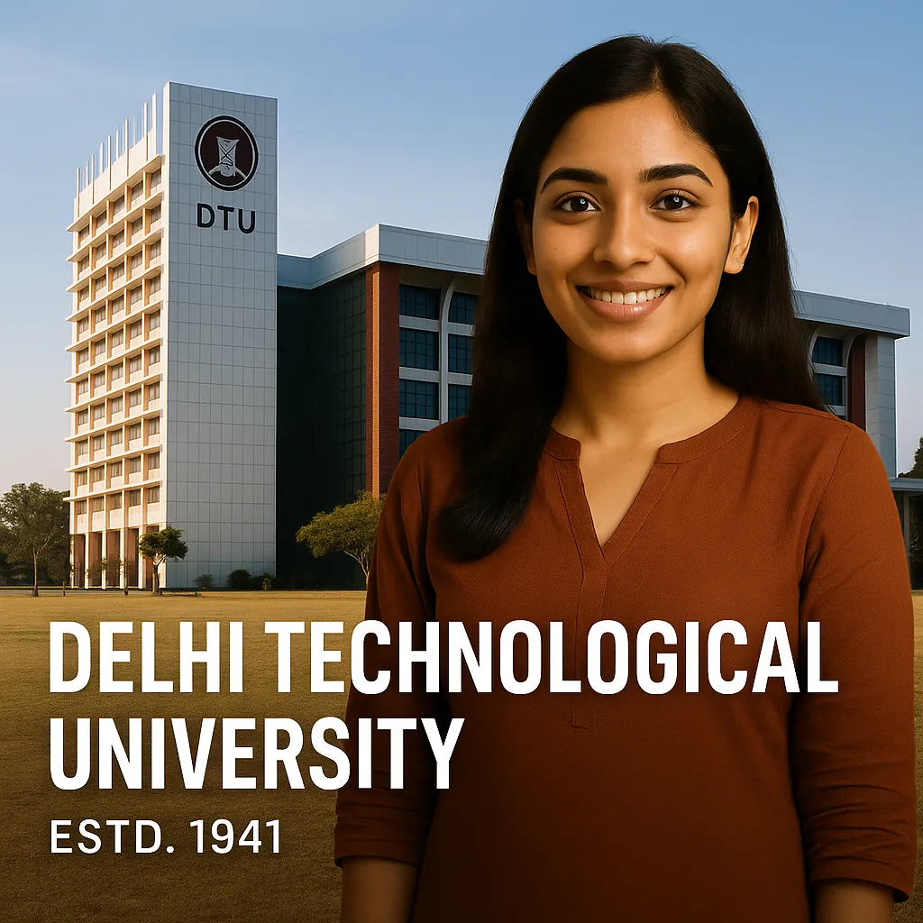 Smiling student standing in front of Delhi Technological University campus building with the DTU emblem, highlighting its establishment in 1941.