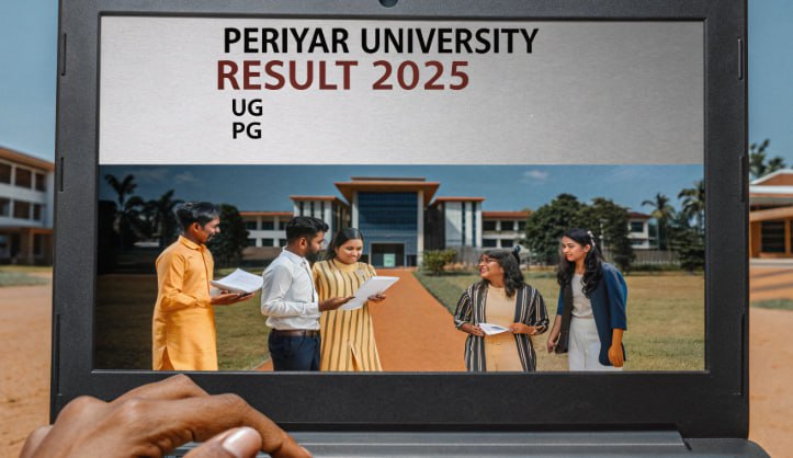 Laptop screen displaying “Periyar University Result 2025 UG PG” with an image of students standing together on campus holding papers.