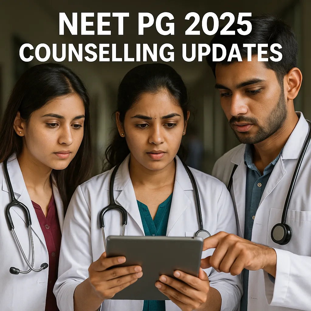 Three Indian medical students in lab coats reviewing NEET PG 2025 counselling updates on a tablet, focused and serious in a well-lit corridor.