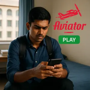 A focused Indian college student sits on a dorm bed playing a mobile game on his phone, with an Aviator game logo and “PLAY” button shown in the background, symbolizing timing and decision-making.