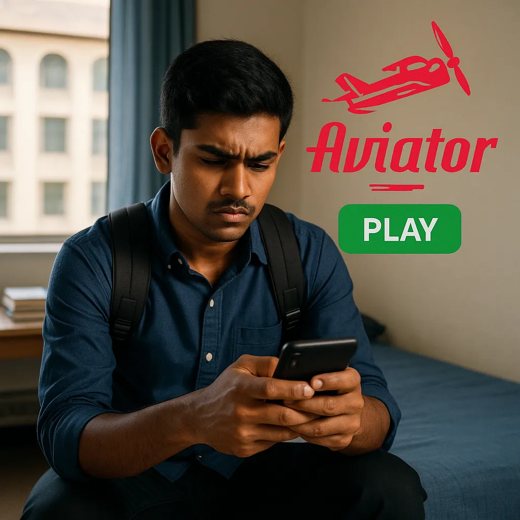 A focused Indian college student sits on a dorm bed playing a mobile game on his phone, with an Aviator game logo and “PLAY” button shown in the background, symbolizing timing and decision-making.