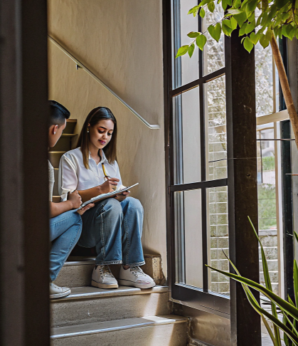 Two nursing students sitting on stairs reviewing notes, symbolizing next steps after RGUHS BSc Nursing EMS Results 2025.