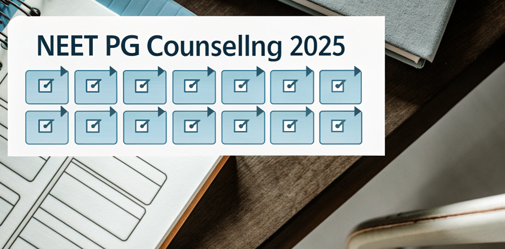 NEET PG Counselling 2025 checklist graphic showing multiple steps and processes for postgraduate medical admissions.