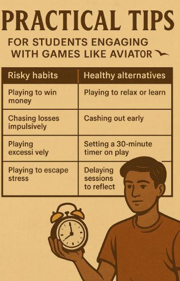 Illustration showing practical tips for students engaging with the Aviator game in India. A two-column table contrasts risky habits like playing to win money or chasing losses with healthy alternatives such as playing to relax, cashing out early, and setting time limits. At the bottom, a student holds a clock, symbolizing time control and balance.