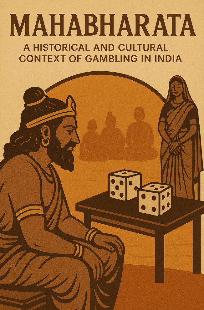 Ancient-style illustration of Yudhishthira from the Mahabharata playing dice, symbolizing India’s long history with gambling.