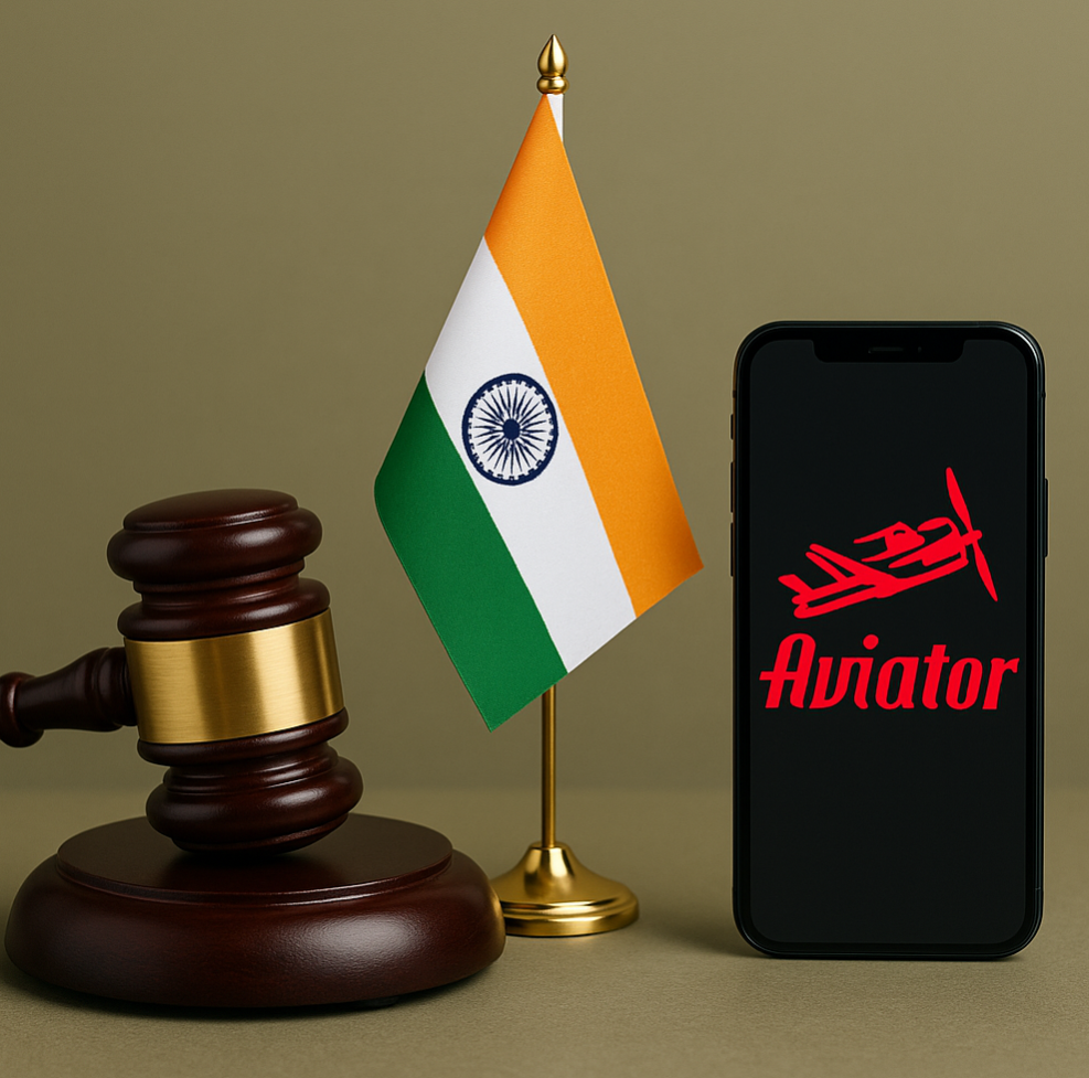 Indian flag, judge’s gavel, and smartphone displaying Aviator game logo, symbolizing legal questions about Aviator in India.