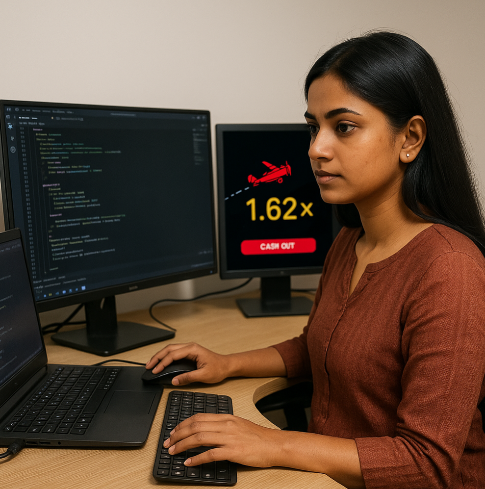 Young Indian woman developer coding at her desk with Aviator game app interface on screen showing a plane and multiplier, symbolizing Aviator game app development process.