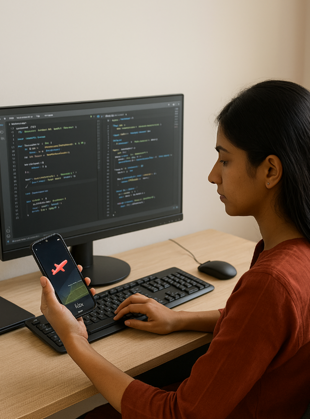 Indian woman developer testing Aviator game app on smartphone while coding cross-platform features on computer, focusing on Android and iOS optimization.