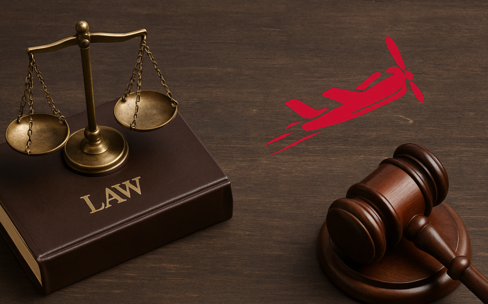 Illustration with law book, scales of justice, gavel, and red Aviator plane icon symbolizing legal question about Aviator game app in India.