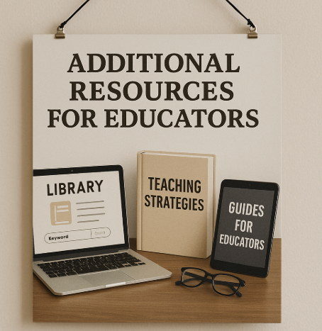 Educational resources including a laptop library, teaching strategies book, and educator guides for teachers.