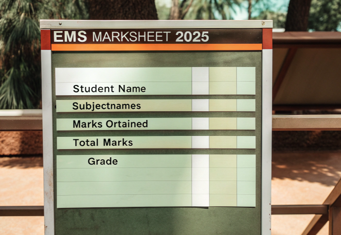 EMS Marksheet 2025 template showing student name, subjects, marks obtained, total marks, and grade fields.