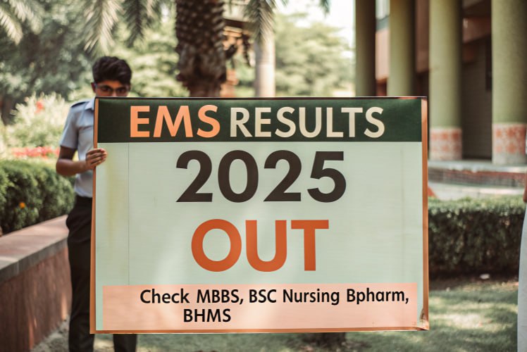 EMS Results 2025 banner announcing results out for MBBS, BSc Nursing, BPharm, and BHMS.