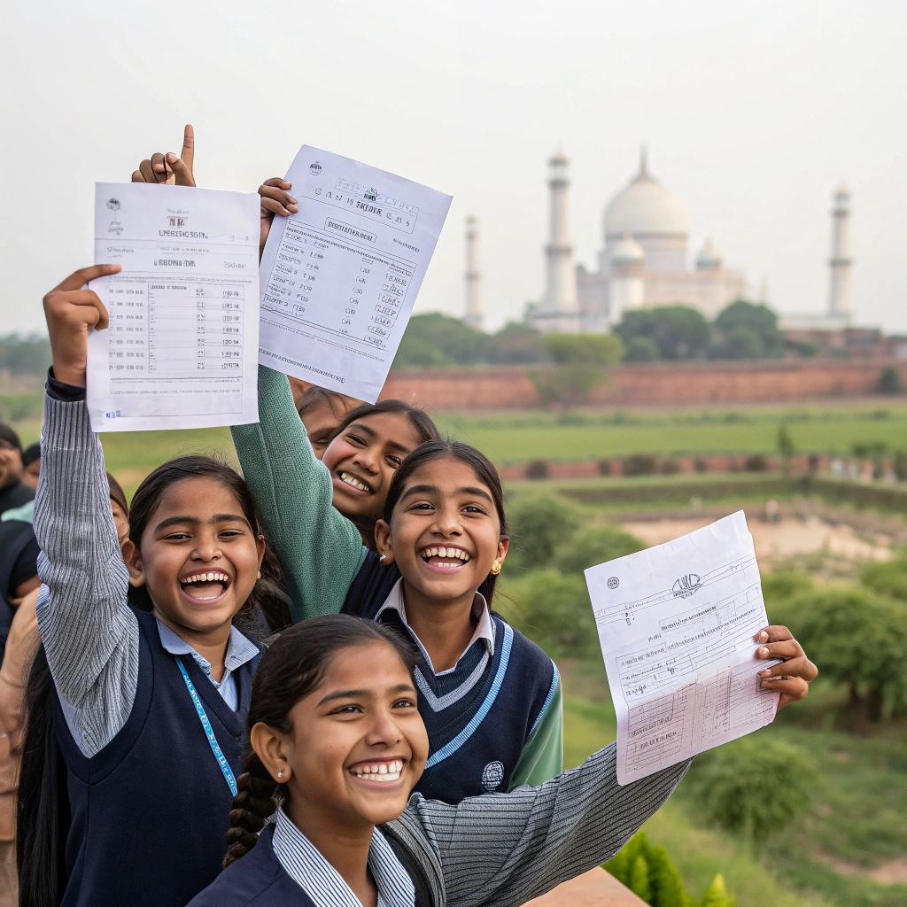 Group of Indian students celebrating exam results with mark sheets in hand near the Taj Mahal.