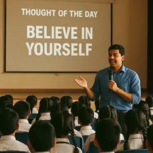 A teacher addresses schoolchildren during morning assembly, with “THOUGHT OF THE DAY: BELIEVE IN YOURSELF” displayed on a screen behind him.