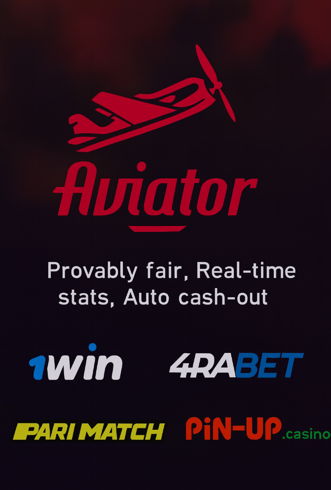 Aviator game logo with partner casino brands 1Win, 4rabet, Parimatch, and Pin-Up showing provably fair and auto cash-out features