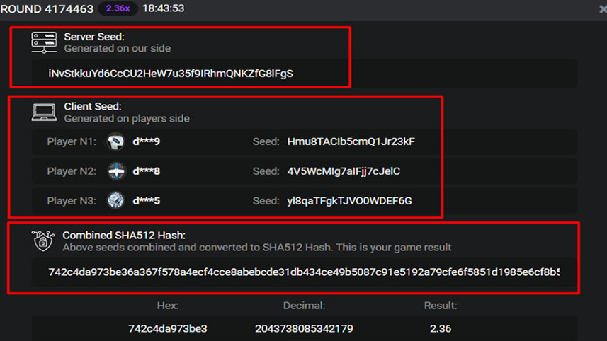 Screenshot showing Aviator game Provably Fair algorithm with server and client seeds and SHA-512 hash verification