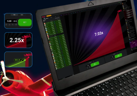 Laptop screen showing Aviator game multiplier graph with 7.03x and responsible gaming message promoting mental health awareness
