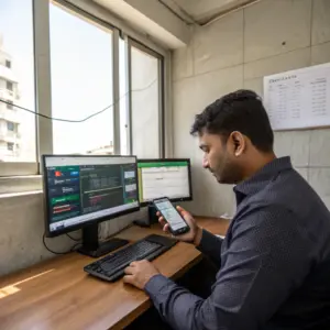 A betting agent in India uses WhatsApp and a desktop exchange dashboard in an office.