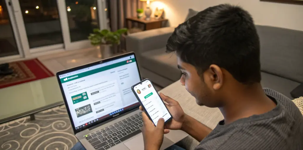 A user in India submits onboarding details through WhatsApp on a smartphone.