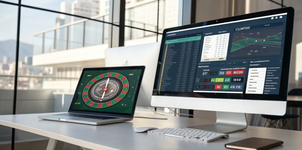 Two monitors compare exchange betting and casino account interfaces.