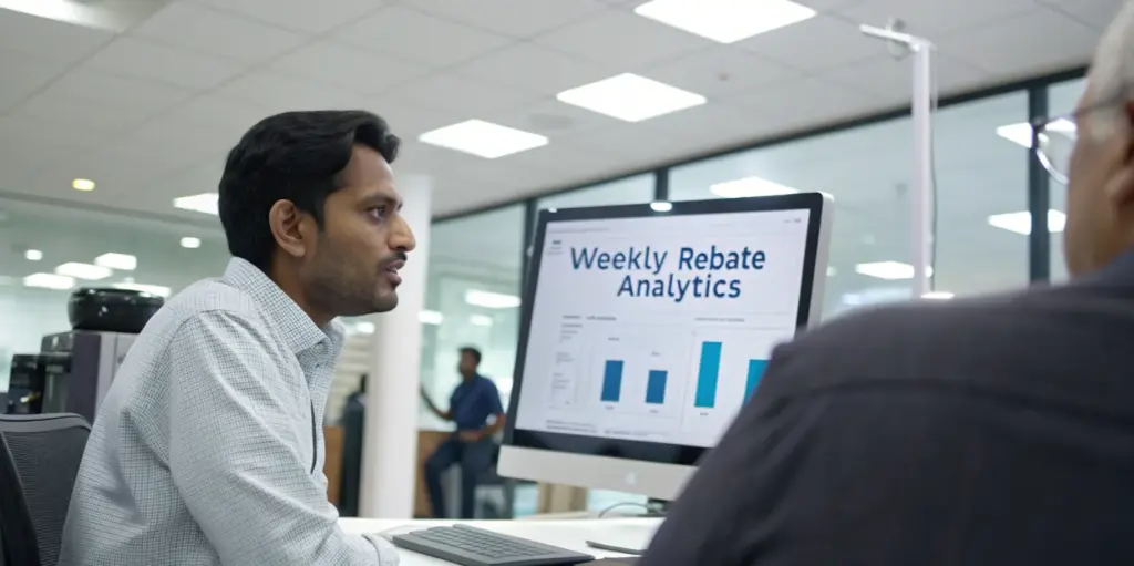 A support agent reviews weekly rebate analytics on a monitor.