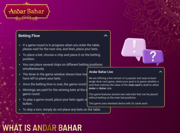 Andar Bahar live game help screen explaining betting flow and gameplay rules for player decision making