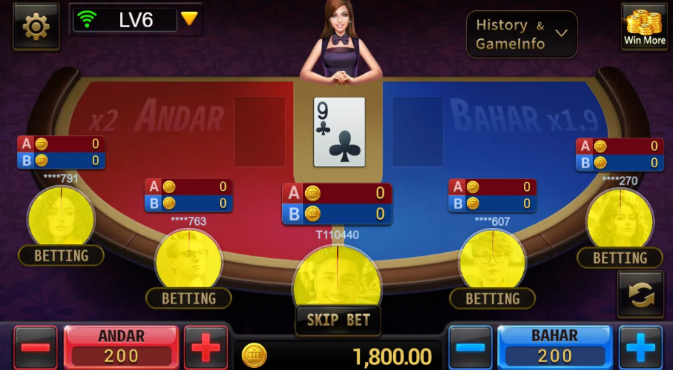 Andar Bahar live casino betting phase showing player wagers on Andar and Bahar sides with active table interface