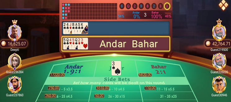 Digital Andar Bahar casino table interface comparing betting layout and side bets with strategic card games