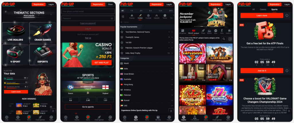 Pin-Up casino app mobile interface showing slots, crash games, sports betting markets, and promotional bonus screens, illustrating pin-up casino app download experience with pinup login and casino lobby navigation, एक mobile betting platform for games and live bets.