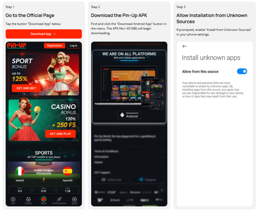 Step-by-step guide showing how to download pin-up casino apk and install the pin-up casino app on Android, including official page access, APK download, and enabling unknown sources in phone settings, एक simple guide for pin up app apk installation.