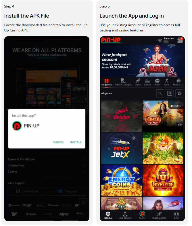 Android screen showing installation of the pin-up casino apk and opening the pin-up casino app after install, with slot games and crash games in the lobby, illustrating pinup app download process and pinup login flow, एक mobile casino interface for pin up game download and betting access.