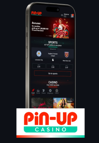 Pin-Up casino app interface on a smartphone showing sports betting and casino sections with bonus offer, representing mobile pin-up casino app download and pinup login experience, एक मोबाइल betting platform for slots and sports.