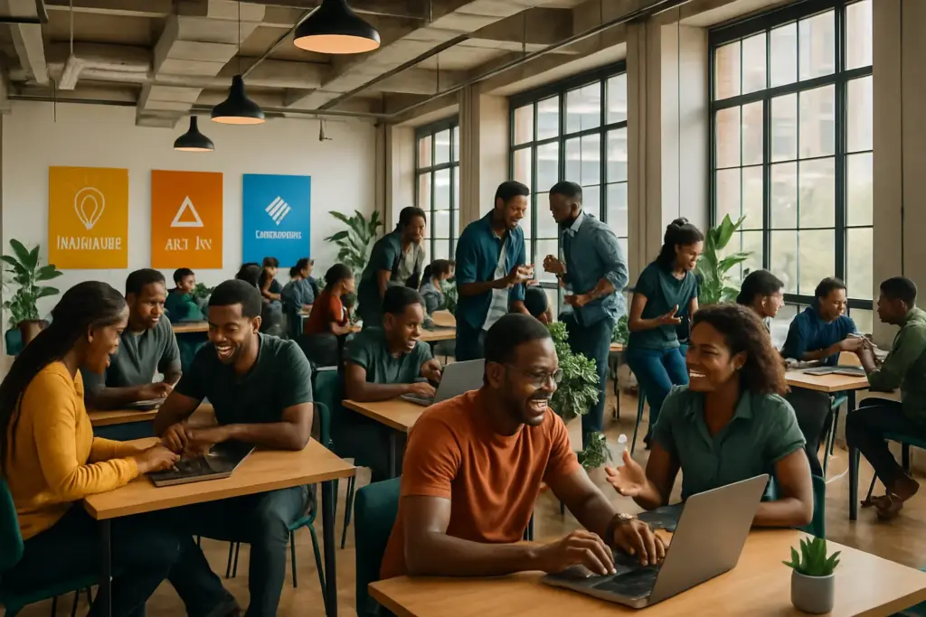 young African entrepreneurs collaborating in a modern tech accelerator workspace in Lagos