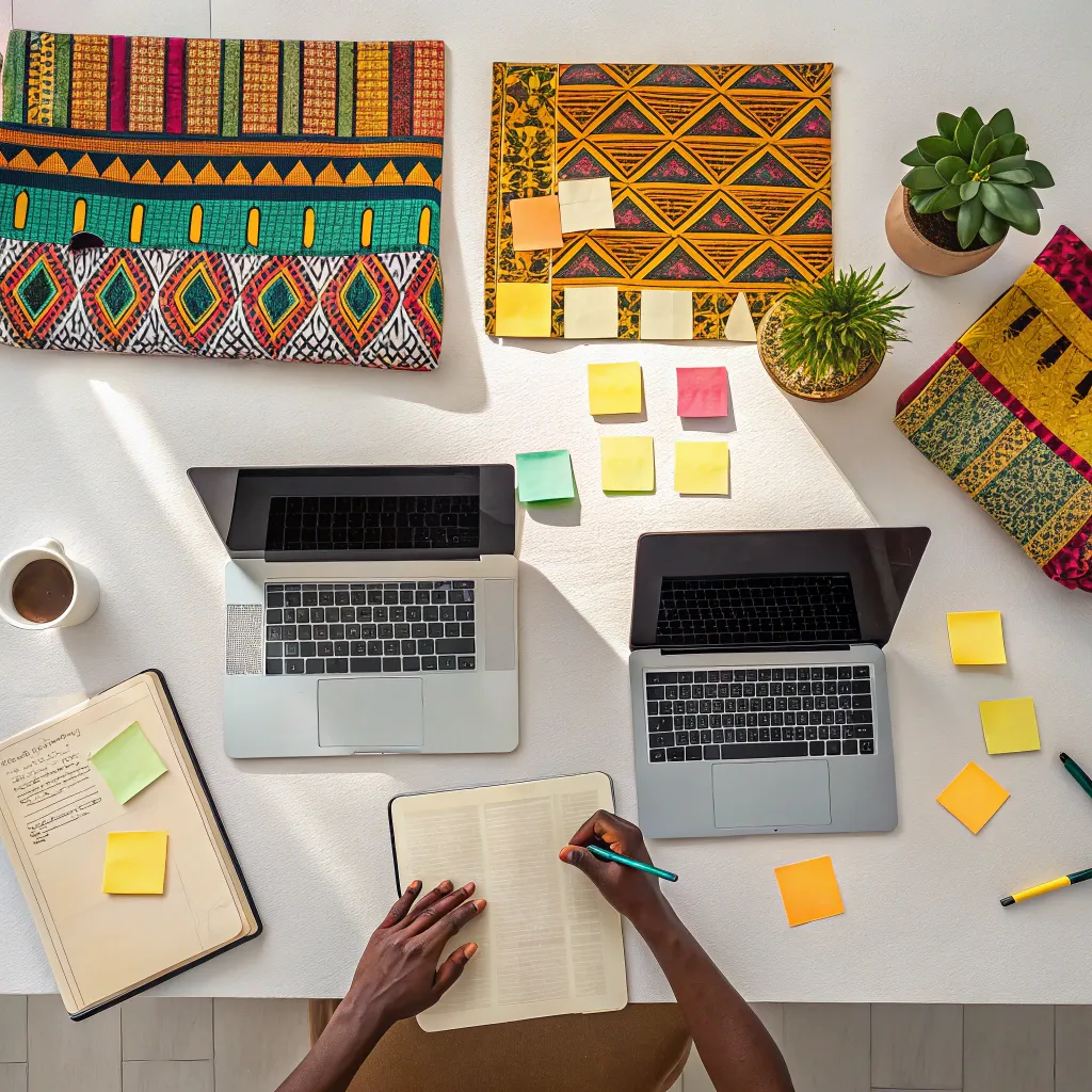 top-down view of African-themed workspace with laptops, sticky notes, coffee, and handwritten notes