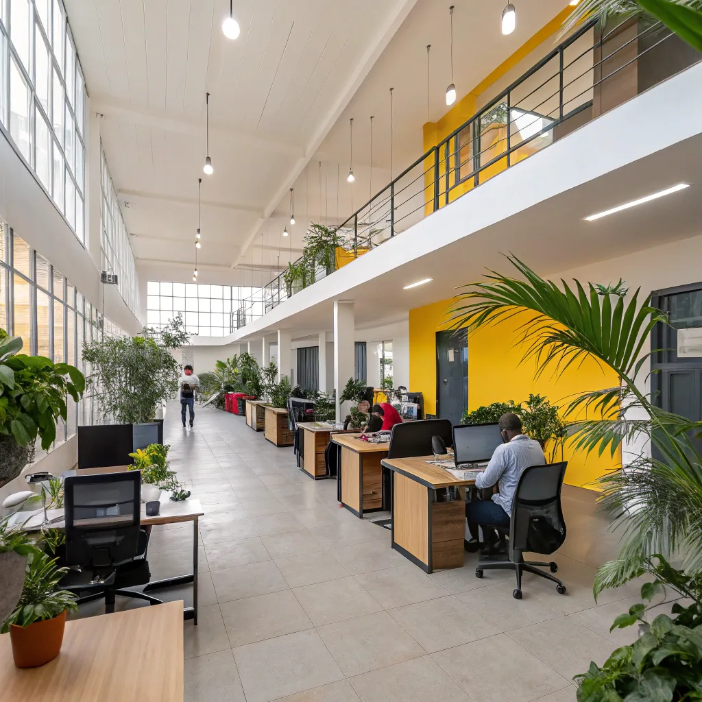 open and spacious shared office with modern furniture and indoor plants