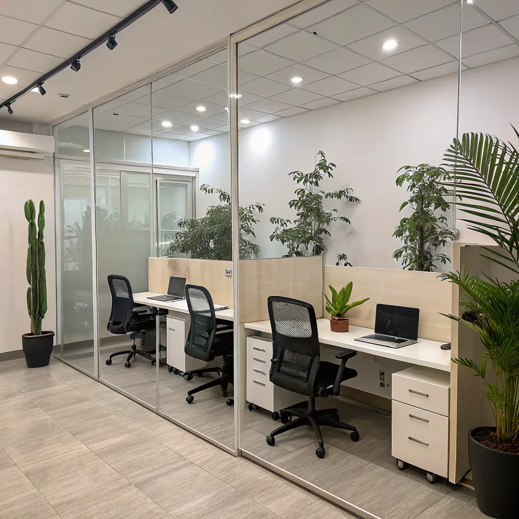 modern private office with four ergonomic chairs, indoor plants, and glass walls.