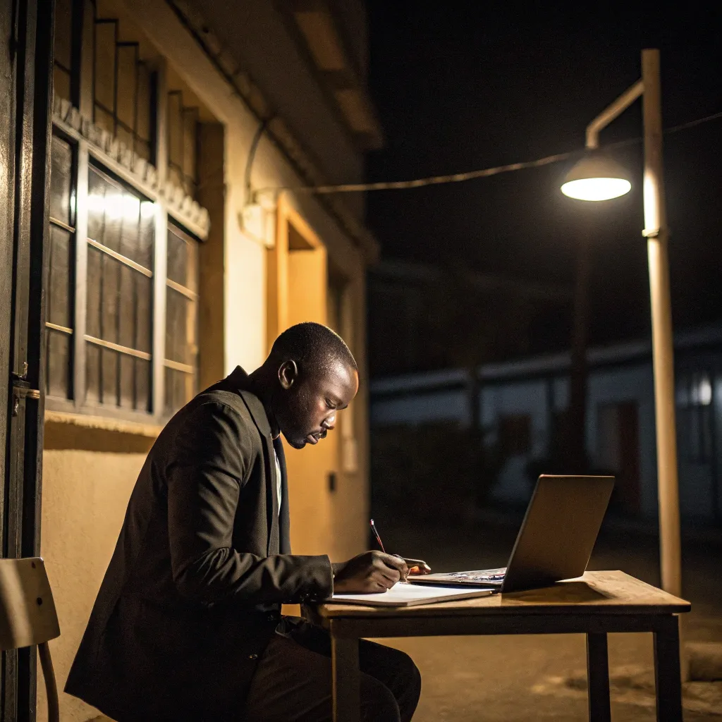 African entrepreneur working late alone at a small desk under warm street lighting, focused and writing next to a laptop.