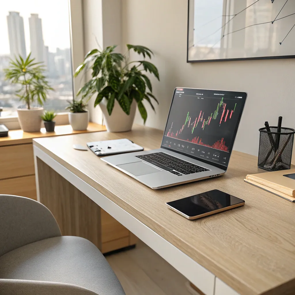 modern desk with a laptop displaying a financial graph in an African business setting