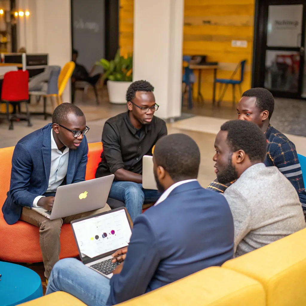 African startup founders in discussion during an informal mentoring session inside a modern coworking space