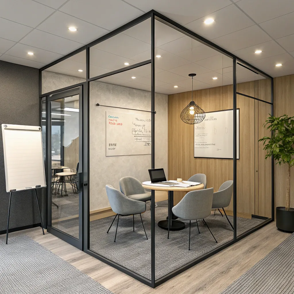 modern private office with glass walls, four chairs, and whiteboard for meetings