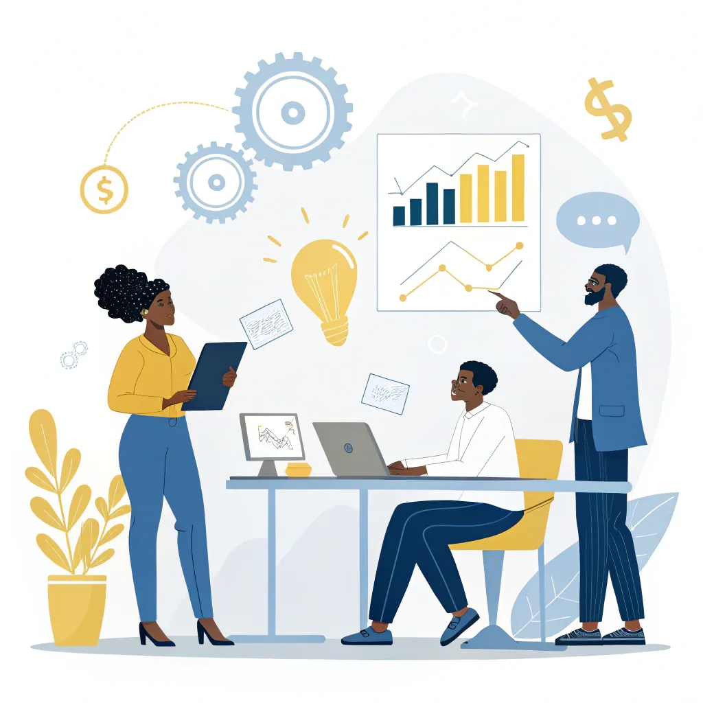 Flat-style illustration of African startup professionals collaborating in an office, with business charts, lightbulb, gears, and funding icons around them.