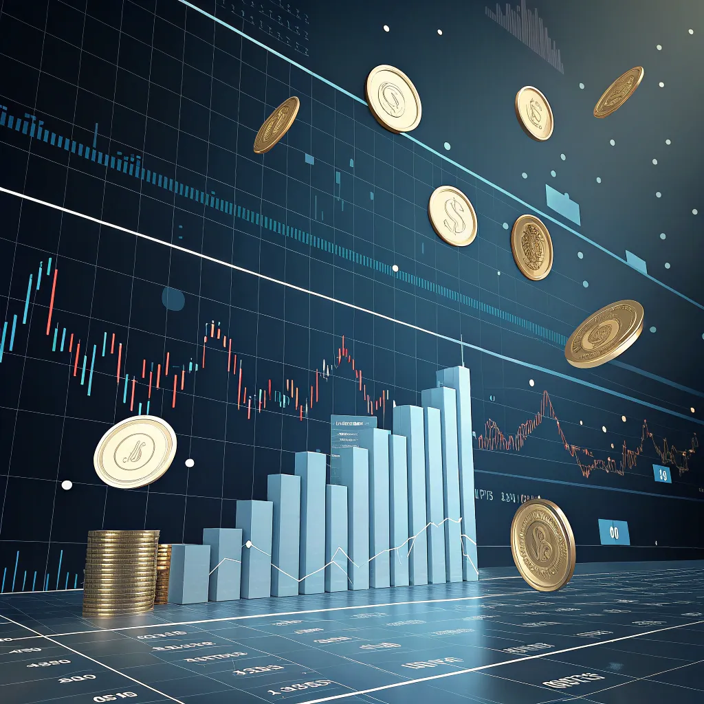3D abstract chart with floating coins and financial bars on a digital grid background