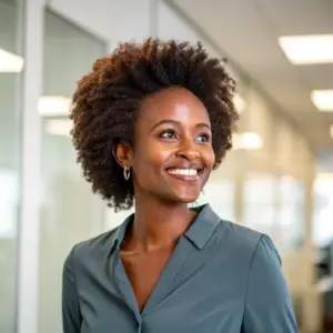 chinwe-okonkwo Portrait of Chinwe Okonkwo, a Nigerian woman with natural afro-textured hair, wearing a green blouse and smiling brightly in a coworking space.