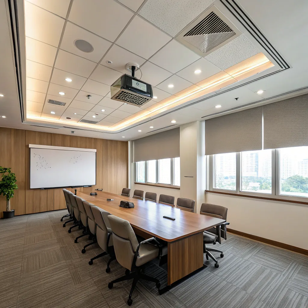 conference room with long wooden table, ceiling projector, and large windows