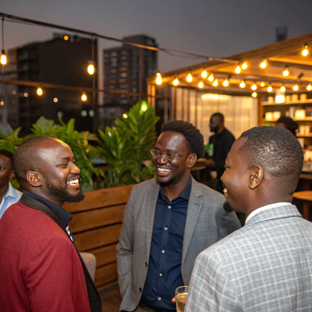 African entrepreneurs enjoying a casual rooftop mixer with warm lighting and evening city view.